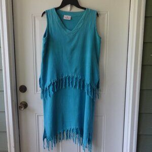 Cotton Way cotton dress M, blue with cloth tassel layered, straight fit, v neck